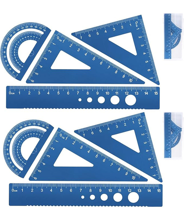 Honagu Triangular Ruler Set, 8 Pieces/2 Sets Aluminum Alloy Ruler, Metal Drafting Ruler, Geometric Protractor for Students, Draftsmen, Engineers, School Office Supplies (Blue+Blue)