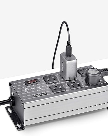 StarTech.com Flat Plug 6-Outlet Heavy Duty Industrial Power Strip 125V/15A with Surge Protector, EMI/RFI Isolation, Mountable PDU, 8ft/2.4m Extension Power Cord, NEMA 5-15P/R, TAA