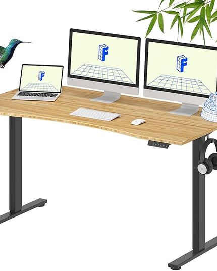 FLEXISPOT EN1 Bamboo Standing Desk, 60 x 30 Inches Whole-Piece Electric Adjustable Height Desk for Home Office (Black Frame + Bamboo Curved Desktop, 2 Packages)