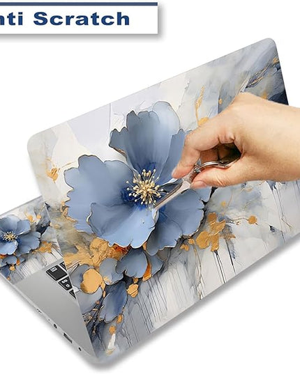 Laptop Skin Sticker Decal Cover, 11.6”12" 13" 13.3" 14" 15" 15.4" 15.6" Laptop Netbook Skin Sticker Cover Art Notebook Protector (2 Wrist Pad Included), Easy to Apply & Removable, Blue Silver Flower