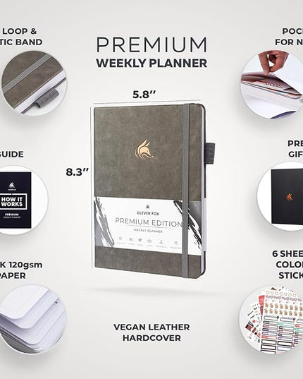 Clever Fox Planner Premium Edition – Undated Luxurious Weekly & Monthly Planner to Increase Productivity and Hit Your Goals – Organizer – Start Anytime, A5, Lasts 1 Year, Gray (Weekly)