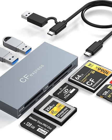 8-in-1 CFexpress Type B Card Reader, USB-C & USB-A Multi Memory Card Reader Adapter with Dual 10Gbps USB3.2 Ports for Type B CFexpress/CF/XD/MS/TF/SD, Compatible with Windows/Mac OS/Linux/Android,Grey