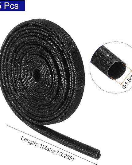 MECCANIXITY 5Pcs Wire Insulation Braid Fire Sleeve,3.28Ft-1.5mm ID Black, High Temp Silicone Coated Fiberglass Sleeving for Automotive Hose Lines Electrical Wiring
