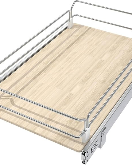 Pull Out Cabinet Organizer 15" W X 22" D, Slide Out Drawers For Kitchen Organizers and Storage, Pull Out Drawers For Cabinets Capacity Heavy Duty Caddy, Cabinet Shelves Wood Chrome, Pantry Storage