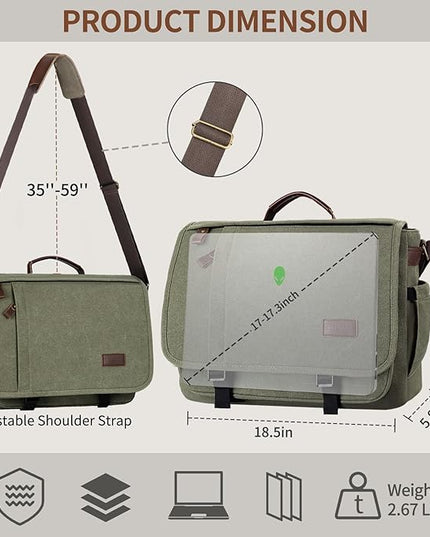 ESTARER Men's Messenger Bag 17.3 Inch, Water-resistant Canvas Laptop Bag, Computer Shoulder Bag for College Travel Work, Army Green