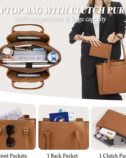 RAINSMORE Laptop Bag for Women 15.6 Inch Work Tote Bags Waterproof Computer Bags Leather Professional Laptop Purse Womens Laptop Briefcase Large Handbag for Office Teacher Travel, Brown