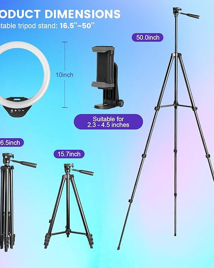 Sensyne 10'' RGB Ring Light with 50'' Extendable Tripod Stand, Circle Lights with Phone Holder for Live Stream/Makeup/YouTube Video/TikTok, Compatible with All Phones