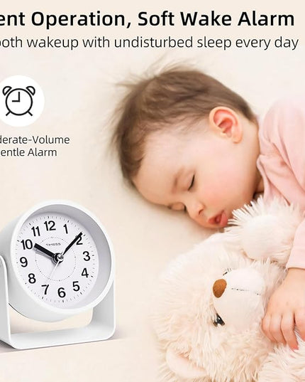 TIMESS Analog Alarm Clock, Silent Non-Ticking Quartz Movement, Battery-Operated with Snooze & On-Demand Light, Easy to Set Gentle Wake Bedside Desk Clock, Ideal for Home, Travel, Office (White)