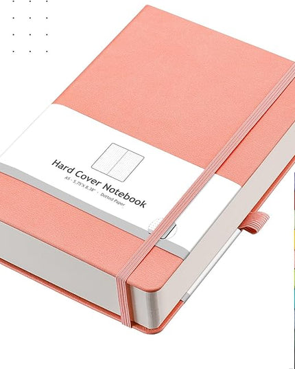 AHGXG Bullet Dotted Journal - 320 Numbered Pages Dot Grid Notebook A5 Thick Journal, 100gsm Thick Dotted Paper, Leather Hardcover,Inner Pocket, 5.75'' × 8.38'' - Pink
