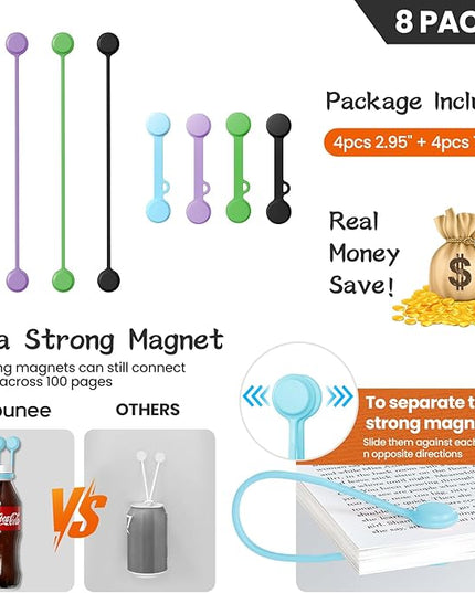 Tounee Reusable Silicone Magnetic Cable Ties - 2 Sizes Combo (4pcs 2.95'' + 4pcs 7.68'') - Multi-Purpose for Cable Bundling, Organizing, Bookmarks & Fridge Magnets - Assorted Colors, 8-Pack
