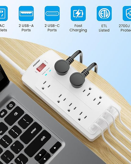 8-Outlet Surge Protector Power Strip, POWSAF 5Ft Flat Plug Extension Cord with 2 USB-C (PD 20W) Fast Charging Ports and 2 USB-A Ports for Home, Office, 2700 Joules, ETL, White