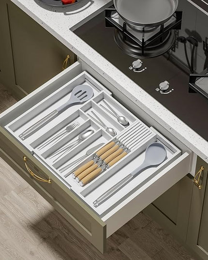 Bamboo-Silverware-Drawer-Organizer-Kitchen, Expandable Utensil Holder Cutlery Tray Flatware Organization Adjustable Wood Tableware Dividers Storage (with Removable Knife Block)(White)