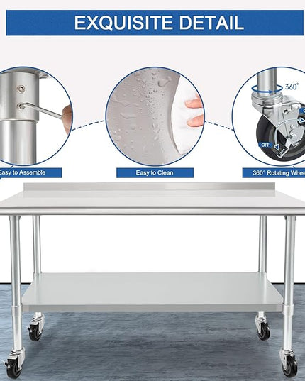HARDURA Stainless Steel Table 24 x 72 Inches with Wheels Casters NSF Heavy Duty Commercial Prep Table with 2” Backsplash and Adjustable Undershelf for Restaurant Kitchen Home and Hotel