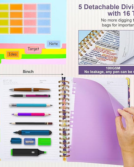 Spiral Journal Notebooks for Work, 300 Pages 5 Subject Notebook College Ruled with Dividers & Tabs, 8''x 10'' Large Notebook Journal for Women Students Note-Taking and Organizer (Purple Floral)