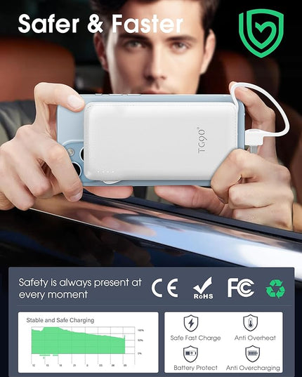TG90° Portable Charger Power Bank with Built-in AC Wall Plug and Cables, 10000mAh USB C External Battery Charger Compatible with iPhone and Android Phones