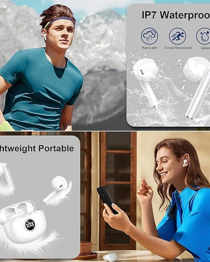 Wireless Earbuds, 2025 Bluetooth 5.3 Headphones HiFi Stereo Ear buds with ENC Noise Cancelling Mics, 40H Bluetooth Earbuds with Dual LED Display, IP7 Waterproof in Ear Earphones for Android iOS, White