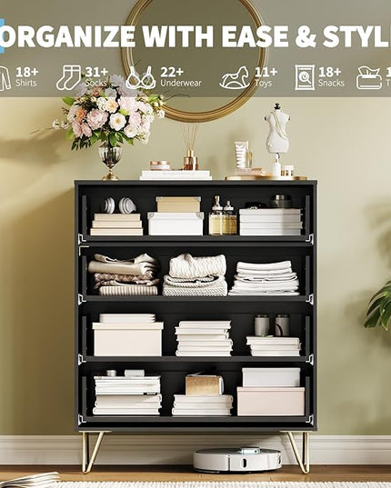 Garvee Fluted Dresser for Bedroom with 4 Drawers,32" Wide Modern Chest of Wooden Bedroom Chest with Metal Handle,Wide Clothes Storage Organizer,Closet Dresser & TV Stand for Living Room,Hallway,Black