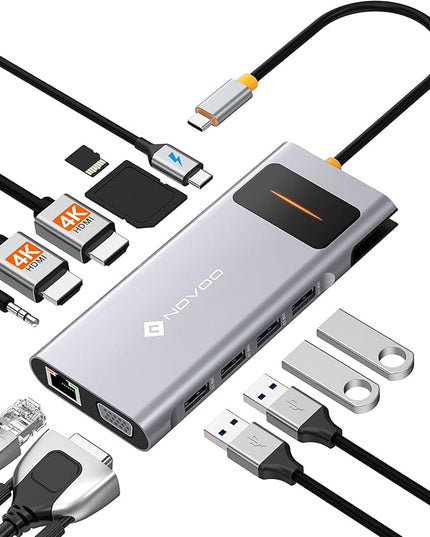 NOVOO USB C Docking Station Dual Monitor HDMI for Dell HP Laptop Type USB C Hub Multiport Adapter Thunderbolt 3 Dongle to 2 HDMI 4K Ethernet 4 USB PD SD TF Audio for Lenovo Surface