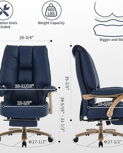 Big and Tall Executive Office Chair with Footrest, 400LBS Capacity Ergonomic High-Back Desk Office Chair with Lumbar Support, Padded Armrests & Thick Cushion, Blue PU Leather Chairs