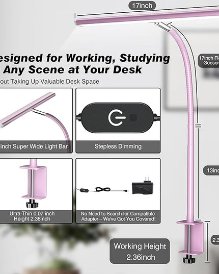 LED Desk Lamp for Office Home, Eye-Caring Desk Light with Stepless Dimming Adjustable Flexible Gooseneck, 10W USB Adapter Desk Lamp with Clamp for Reading, Study, Workbench (Pink)