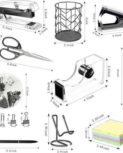 Office Desk Accessories, Acrylic Stapler, Staple Remover, Tape Holder, Pen Holder, Ballpoint Pen, Scissor, Binder Clips, 1000pcs Staples, Phone Holder, Ruler, Transparent Glue and 300 Notes