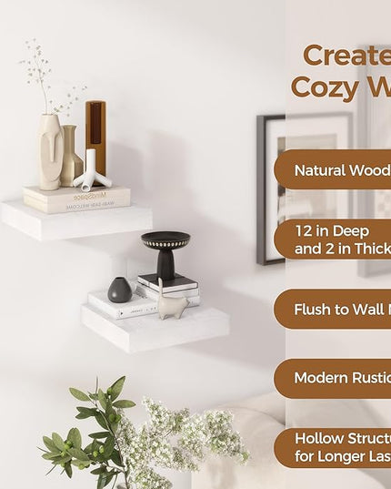 Fun Memories 12 Inch Floating Shelf, Rustic Wood Wall Shelves for Wall Decor & Storage, 12 x 12 Floating Shelf for Living Room, Bathroom, Bedroom, White, Set of 2