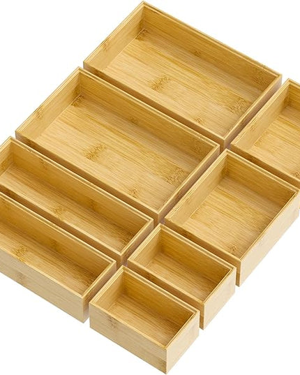 Bathroom Drawer Organizer Trays, Bamboo Silverware Drawer Organizer Kitchen Utensils, 8 PCS Wood Box Stackable Bins for Makeup, Office Desk, Vanity, Junk Drawer