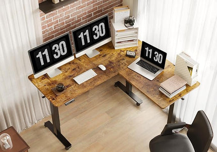 Claiks Triple Motor L-Shaped Standing Desk, 63 x 55 Inch Corner Stand Up Desk, Adjustable Height with Splice Board, Black Frame/Rustic Brown Top