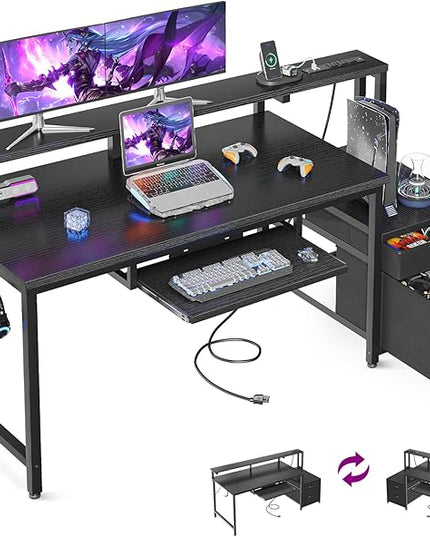 AODK Computer Desk with Drawers, 55" Office Desk with Keyboard Tray and Power Outlet, Reversible Study Work Desk with Printer Space and File Drawers Cabinet for Home Office, Black
