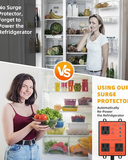 Refrigerator Surge Protector, 3-Outlet 120V for Home Appliance Surge Protector, Time Delay, LED Indicator Light & 110dB Alarm, Protects Against Voltage Abnormalities, Brownout, Spike, Instant Surge