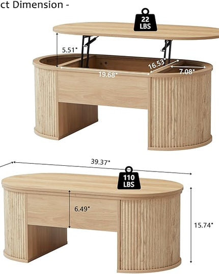 QHITTY Fluted Coffee Table with Lifting Top, Oval Wood Lift Top Coffee Table with Hidden Compartment, Mid Century Pull up Center Tables for Living Room, Office - Natural