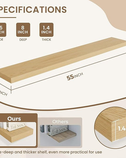 Dreamland 55 Inches Floating Shelves for Wall, 8" Deep Long Floating Shelves Set of 1, Large Display & Storage Shelf, Wall Shelf for Bathroom Bedroom Living Room Kitchen Office, Oak