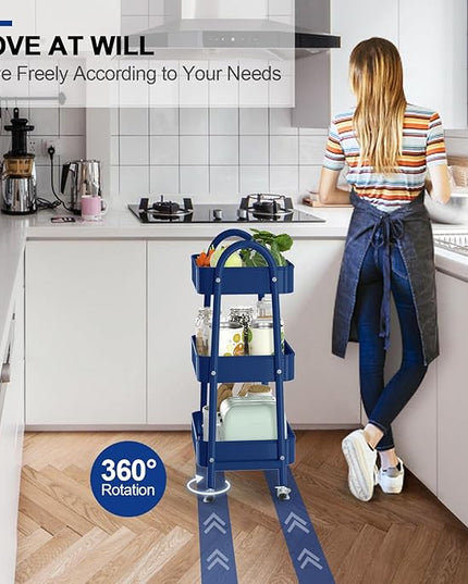 EAGMAK 3 Tier Utility Rolling Cart, Metal Storage Cart with Handle and Lockable Wheels, Multifunctional Storage Organizer Trolley with Mesh Baskets for Kitchen, Living Room, Office, Garage (Indigo)