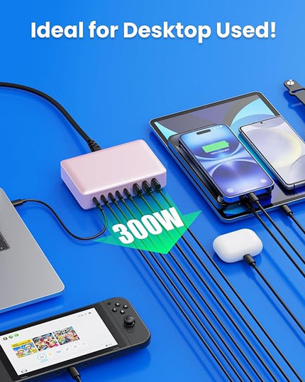 USB C Charger 300W USB C Charger Block 8-Ports GaN IV Fast Charging Station,PD 100W Laptop Charging Hub Wall Adapter Compatible with MacBook/Air,DELL,Steam Desk,iPhone 16/15/14,Galaxy S24