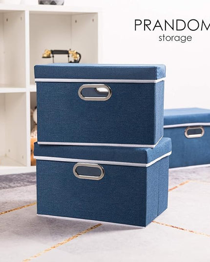 PRANDOM Foldable Storage Bin with Lid [5-Pack] Linen Fabric Decorative Storage Box Organizer Container Basket Cube with Handles Divider for Closet Office Living Room Royal Blue(14.9x9.8x9.8)