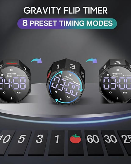 Digital Pomodoro Timer,Frosted Metal Productivity Cube Timer,1.8 In LED Digital Large Screen and Auto-rotating Display,1/3/5/10/25/30/60min & Custom Time, Silent & Alarm,for Office, Study, Work(Black)
