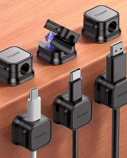 6 Pack Magnetic Cable Clip Organizer Cord Holder, Picozon Adhesive Cable Management, Wire Phone USB Charger Cable Holder Keeper Organizer for Car, Office Home Desktop, Wall, Night Table - Black