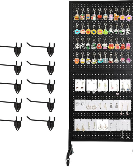 2'x 5' Standing Pegboard Display with T-Base, Pegboard Display Stand with Wheels, Metal Peg Board Display Rack, Art Display Stand, Extra 10 Pieces Hooks - Black