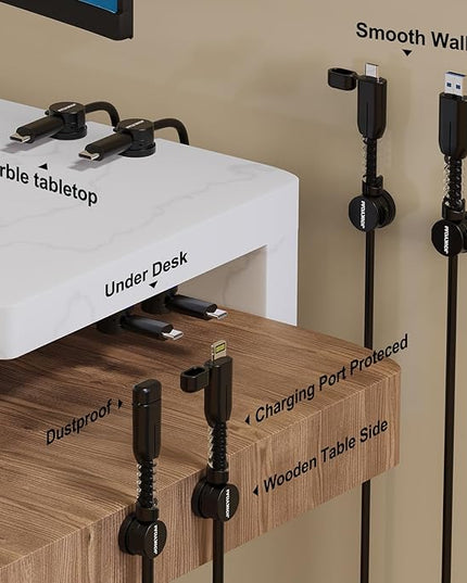 6 Desktop Cord Organizer Magnetic Spring Cable Clips Rotatable Cord Holder 2 Charging Cord Protecors for Nightstand Phone Charger Organizer Computer Desk Cable Management Appliance Adhesive Wire Strap