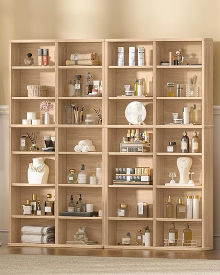 LELELINKY 7 Tier Tall Display Cabinet, Natural Media Storage Cabinet with Adjustable Shelves, Free Standing DVD Organizer Shelf, Floor multimedia storage manga bookshelf for Living Room & Home Office.