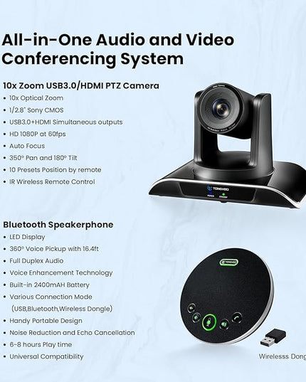TONGVEO 10x Zoom Conference Room Video Camera System, All-in-One HD 1080P 60fps 10X Optical Zoom USB3.0 HDMI PTZ Camera and Bluetooth Conference Speaker with Microphones Bundle for Medium Room