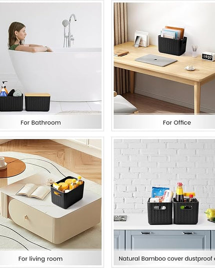 4 Packs Storage Bins with Bamboo Lids - Plastic Storage Containers with Lids Stackable Storage Box: Storages Baskets for Organizing Desktop Closet Playroom Classroom Office, Black