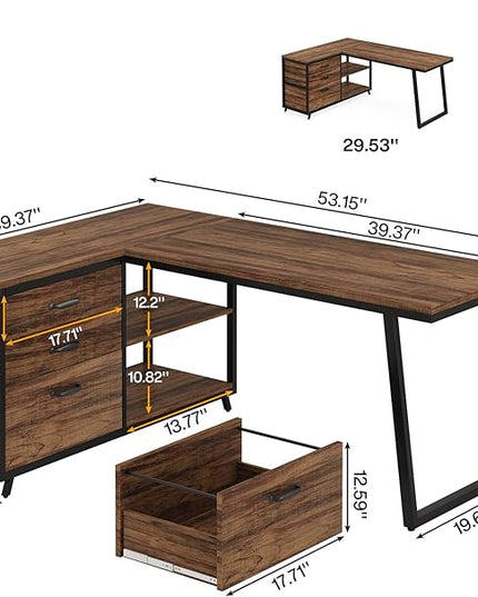 Tribesigns L-Shaped Computer Desk with 3 Drawers, Reversible Corner Home Office Desk with Shelves, 53-Inch Industrial PC Desk Study Writing Table Workstation for Small Space, Rustic Brown