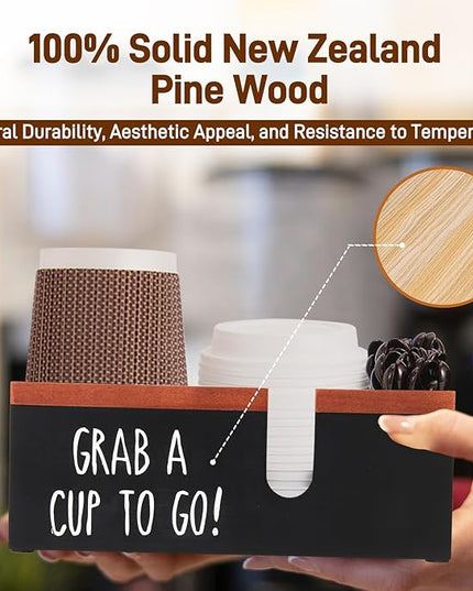 Intarsio 100% Wooden Coffee Cups Holder with U-Shape Cutout Design for Countertop-Coffee Bar Organizer for Cups, Lids, Pods, Stirrers, and Accessories, Great Gift for Home or Office