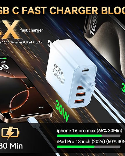 USB C Fast Charger Block, iPhone Charger Fast Charging Blocks 65W Multi Port Charger 6-Ports PD & QC Charging Cube Brick Power Adapter Type C Wall Chargers for iPhone 17/16/15/14/13/12 Pro Max, iPad