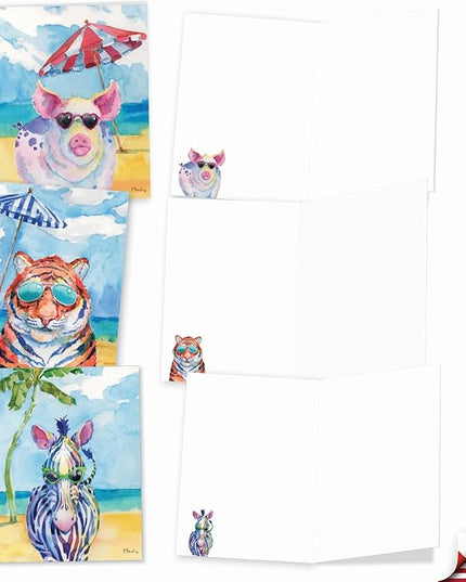The Best Card Company Assorted Funny Wildlife Watercolor Blank Greeting Card Box Set - Incl. 10 Unique Notecards Designs + Envelopes for Thank You, Invitations - Animal's Day Off AM6670OCB-B1x10