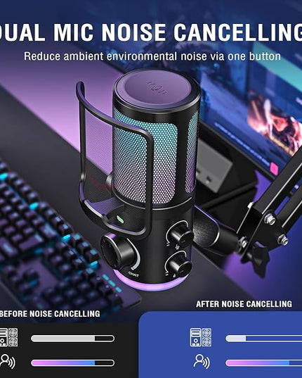 FIFINE USB Streaming Microphone Kit for Gaming, Condenser Mic with RGB, Noise Cancellation, Game/Chat Dial-Plug & Play for PC Twitch/YouTube/Podcast, Includes Boom Arm & Pop Filter-AmpliGame AM6T