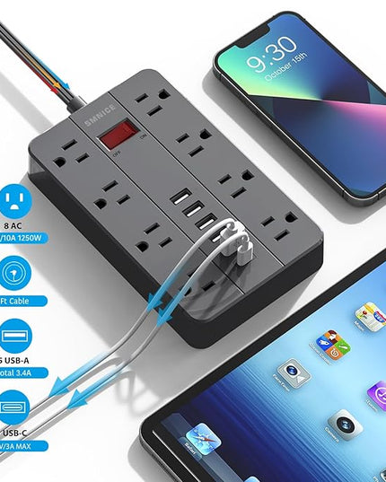 10 Ft Extension Cord Surge Protector, SMNICE 8 Widely Spaced Outlets and 6 USB (1 USB C) Charging Ports Flat Plug Power Strip, Desktop Power Cord for Travel Home Office Accessories Black