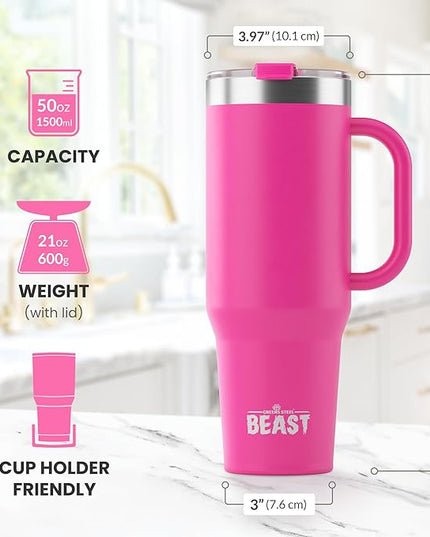 Beast 50 oz Tumbler with Handle Stainless Steel Vacuum Insulated Coffee Ice Cup Double Wall Travel Flask (Cupcake Pink)