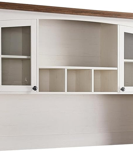 OKD Farmhouse Hutch for 60" Executive Desk, Office Desk Storage Cabinet with Glass Doors and Shelves, Top Hutch Organizer for Home Office - Antique White